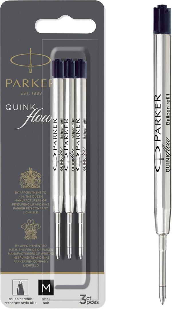 Parker QUINKflow Ballpoint Pen Ink Refills, Medium Tip, Black, 3 Count - For Everyday Writing