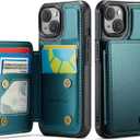 Vinich for iPhone 14 Wallet Case with Card Holder, RFID Blocking Credit Slots Kickstand Shockproof Phone Cover for Women Men, Bluish Green