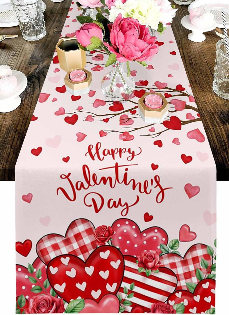 Valentine's Day Pink Table Runner Red Love Heart Table Runners 72 Inches Long Love Trees Rose Valentines Day Dresser Runners for Dinner Kitchen Tables Home Decor