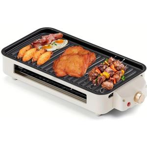 1500W Non-smoking Electric Grill | 2-in-1 Outdoor Indoor Grill with Three Hand Dishes, Grill Mesh And Non-stick Cooking Detachable Plate, (Light Brown-1)