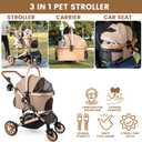 Bicystar Pet Stroller for Medium Dogs, Smooth-Ride Dog Stroller with Detachable Carrier, Rubber Wheels, Car Seat Combo 3-in-1, Up to 50 lbs, for Senior Dogs & Cats, Tan