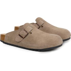 EVELLYHOOTD Women's Men's Suede Clogs Leather Mules Cork Footbed Sandals Comfort Potato Shoes with Arch Support(with Socks) 41