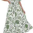 Okiwam Summer Dresses for Women 2026 Casual V Neck Short Sleeve Boho Floral Midi Dress Button Down Beach Vacation Sundress, Large