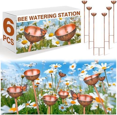 Teenyyou 6 Pcs Bee Watering Station for Garden Bee Metal Watering Cups Butterfly Water Feeder Small Insects Bath Bowl Cups Metal Stakes for Outdoor Garden Decor, Copper