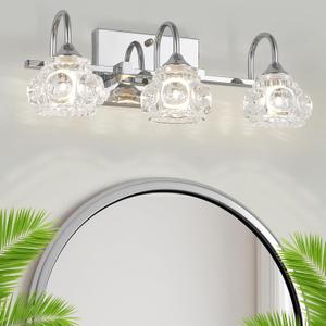 3 - Light Bathroom Lighting Fixtures Over Mirror, Polished Chrome Modern Vanity Lights with Crystal Glass Shade, Over Mirror Nickel Wall Lights for Kitchen Dinning Room Bedroom Balcony Hallway