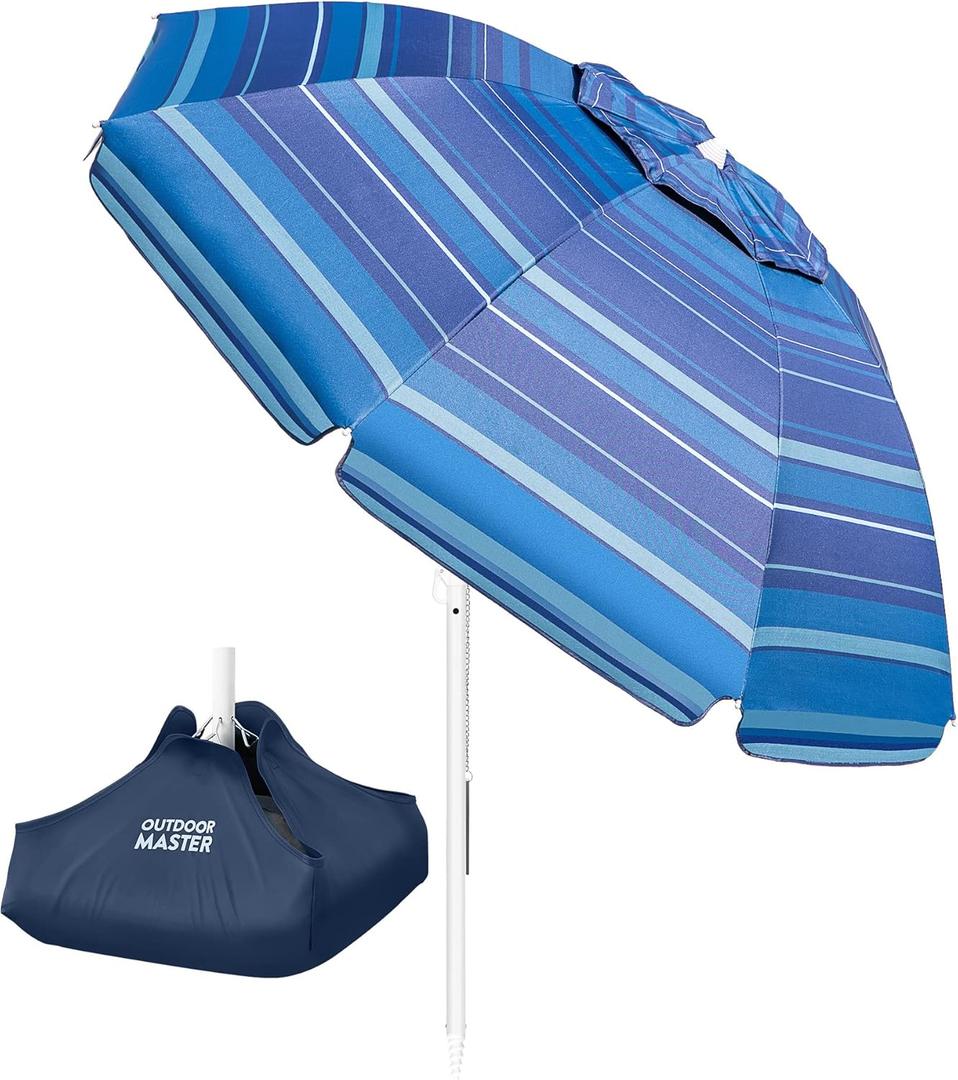 OutdoorMaster Beach Umbrellas for Sand with Sandbag & Anchor, 6.5ft Adjustable Umbrella for Beach Heavy Duty Wind, Portable UPF50+ Sunshade with Carry Bag for Patio, Dark Blue Striped