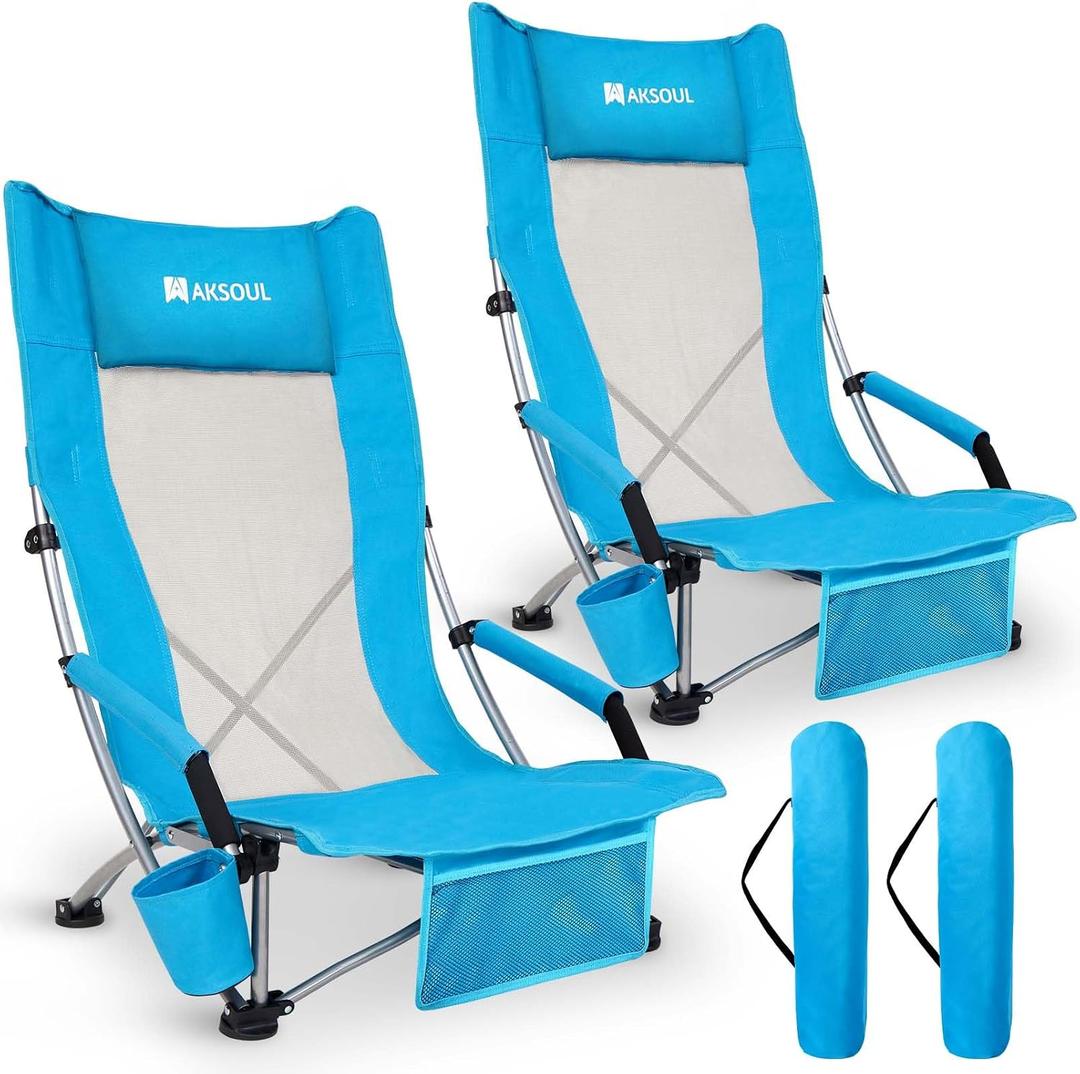 AKSOUL Folding Beach Chair for Adults: Low/High Back Chairs with Carry Bag - Extra Wide Seat Chair with Comfortable Pillow & Storage Pocket (1 Pack & 2 Pack, Blue), 24*24*34 inches