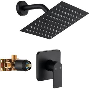 Black Shower Faucet Single Function Trim Kit with Rough-in Valve Set Bath Rainfall Shower System 8inch Square Stainless Steel Metal Shower Head