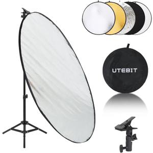 UTEBIT 43"/110cm Photography Reflector with Stand & Clamp, Collapsible Light Reflector with Bag 5 in 1 Multi Disc Translucent/Silver/Gold/White/Black Photography Reflector for Studio&Outdoor Lighting