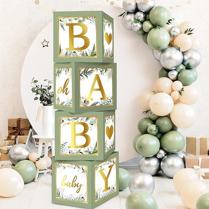 RUBFAC Sage Green Baby Boxes with Letters for Baby Shower, 4pcs Safari Baby Shower Decorations for Boy Girl Balloon Boxes Gender Reveal Birthday Party Favors