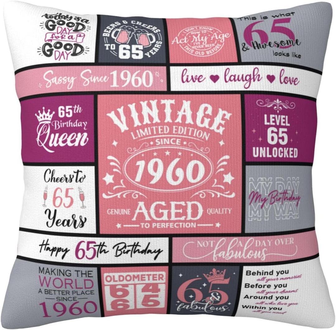 65th Birthday Gifts for Women, 65 Year Old Birthday Gifts for Women, 65th Birthday Decorations for Woman, Best Birthday Gift for 65 Year Old Woman, 1960 Birthday Gift Ideas for Her Pillow Covers 18x18