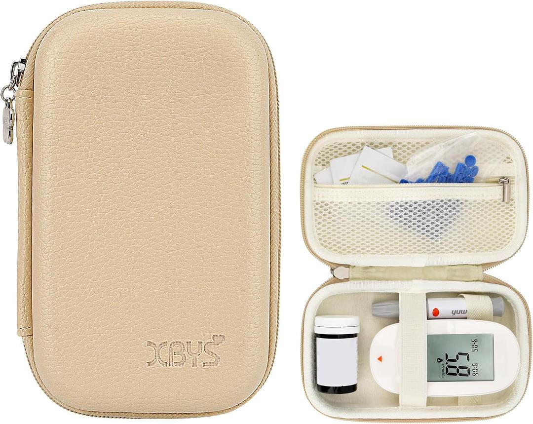 Hard Shell Diabetic Monitor Case, Glucose Meter Kit Storage Organizer, Diabetes Travel Bag for Glucometer, Supplies, Blood Sugar Test Strips, Lancets & Syringes (Light Khaki, Medium)