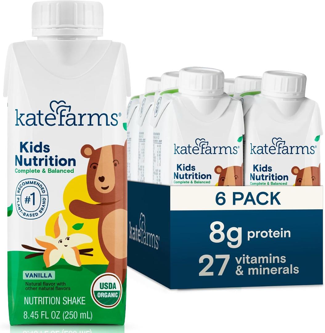 KATE FARMS Organic Kids Nutrition Vanilla Shake, 8g Protein, 27 Vitamins and Minerals, Meal Replacement, Gluten Free, Non-GMO, 8.45 oz (6 Pack) (EXP 03/10/26)