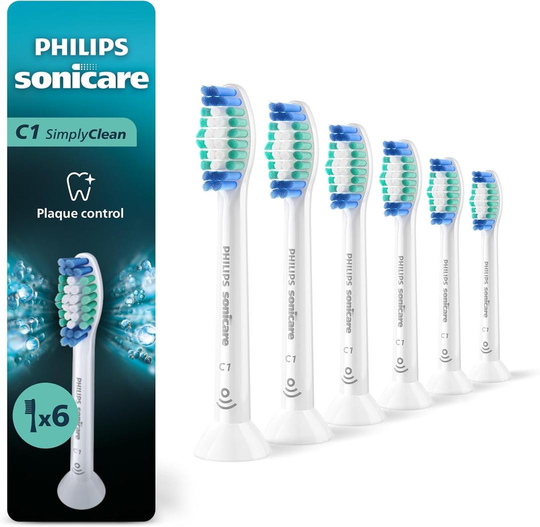 Philips Sonicare C1 SimplyClean - Genuine Replacement Electric Toothbrush Heads, White, 6 Pack Up to 18 Month Supply, HX6016/77