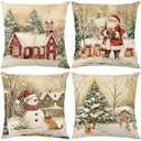 Ni-JASW Retro Vintage Christmas Throw Pillow Covers 18x18 inch Set of 4, Snowy Church Santa Snowman Tree Xmas Pillow Cases for Couch Sofa Holiday Decor