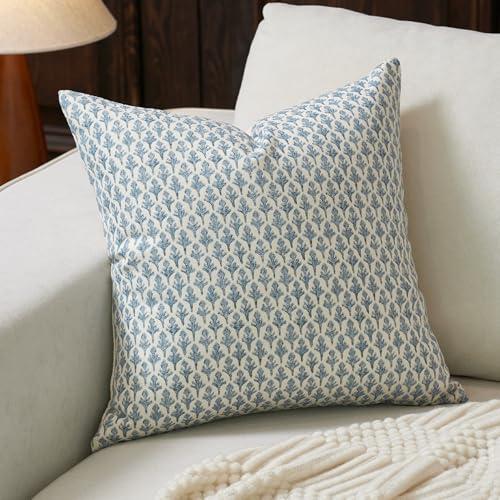 FIOUOVO Floral Pillow Covers 20x20 Pillow Cover Block Print Couch Pillows for Living Room Decorative Neutral Accent Throw Pillow Covers, 1PC, Aqua Blue