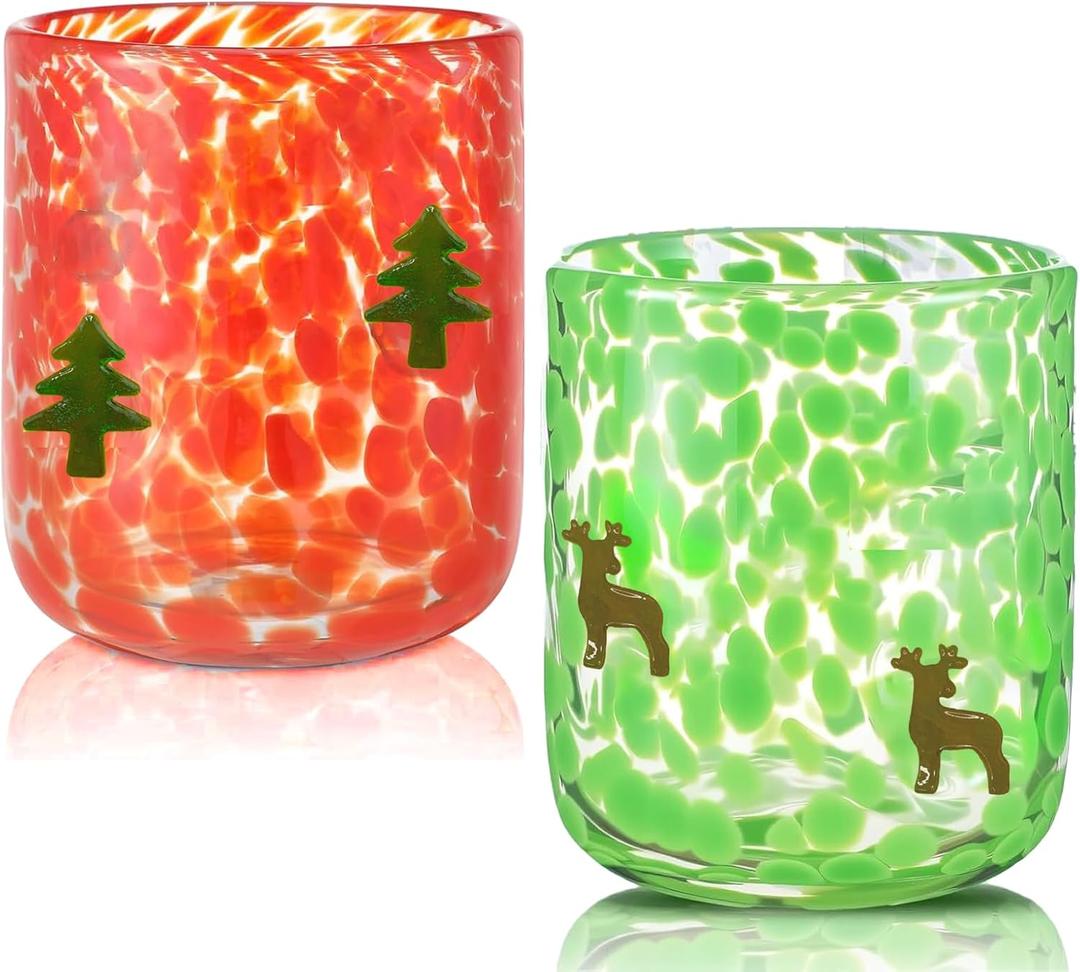 2 Pcs Christmas Icon Glass Cups-14oz Elk Christmas Tree Icon Juice Glasses,Stemless Drinking Coffee Cocktail Glassware Cup,Ideal for Gift Party Lovely Gifts Drinkware (Red,Green)
