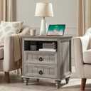 Farmhouse Nightstand with Charging Station, 22" Large End Table with 2 Drawers & Open Shelf, Rustic Wood Square Sofa Side Bedside Table w/4 Solid Wood Feet for Living Room, Bedroom, Light Rustic Oak