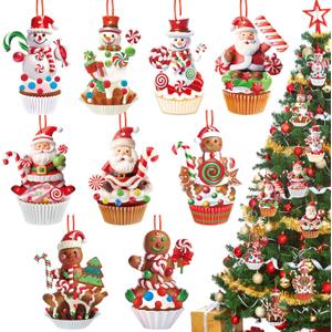 Yulejo 27 Pieces Christmas Gingerbread Ornaments Set Gingerbread Man Santa Snowman Cupcakes Candy Decorations Farmhouse Ornaments Wooden Christmas Hanging Mini Decor for Xmas Tree(Santa)