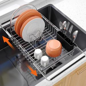 Expandable Over The Sink Dish Drainer Drying Rack In Stainless Steel Metal For Small Kitchen, Counter Space Saving Compact Above Plate Dryer Strainer, Adjustable Hanging Inside Sink Wire Drain Holder