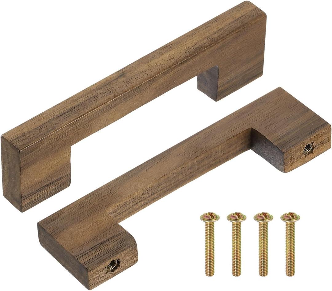 uxcell 4Pcs Wood Drawer Pulls, 4 Inch Hole Center Square Wooden Drawer Pulls Cabinet Handles with Screws for Kitchen Dresser Wardrobes Door Cupboard, Dark Walnut