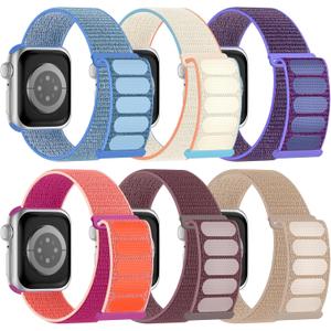 6 Pack Sport Nylon Loop Band Compatible with Apple Watch Band 38mm 40mm 41mm 42mm 44mm 45mm 46mm 49mm for Women Men, Adjustable Breathable Braided Straps for iWatch Series 11/10/9/8/7/6/5/4/3/SE/Ultra