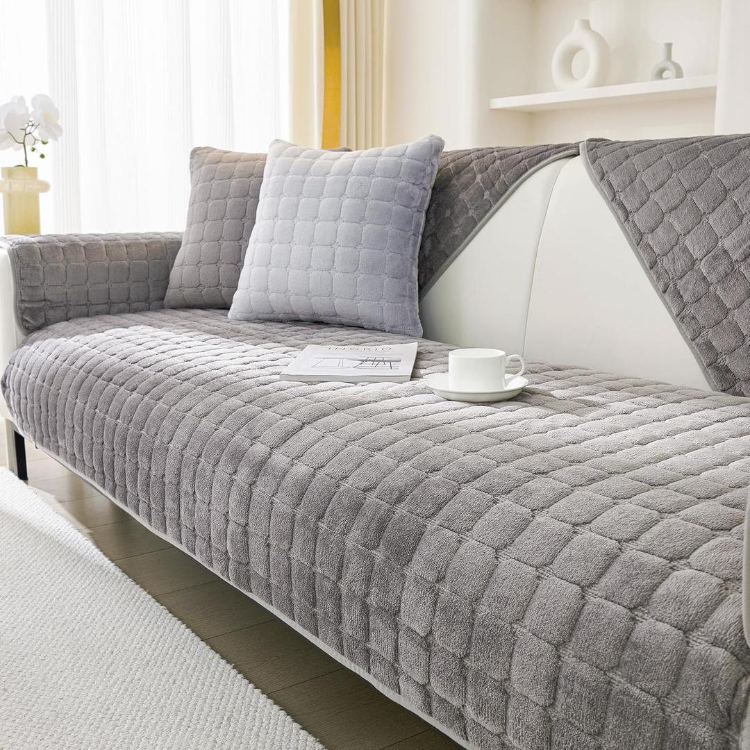 Couch Cover Sofa Covers Washable, Velvet Fuzzy Sofa Slipcovers for 3 Cushion Couch, Non-Slip Furniture Protector for Dog Pet, L Shaped Recliner Sectional Couch Cover Grey,36"X63"(Only 1 Pcs)
