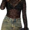 AKEWEI Womens Mesh Sheer Long Sleeve Layering Tops Crew Neck Lace See Through Shirts Slim Fit Fishnet Blouse(Flocked Black Flower, XL)