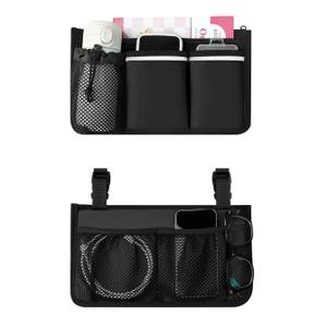 Wheelchair Bag, Walker Bag, Armrest Organizer Pouch with Cup Holder, Reflective Strip, Accessories for Most Wheelchairs, Walkers, Rollators (Black)