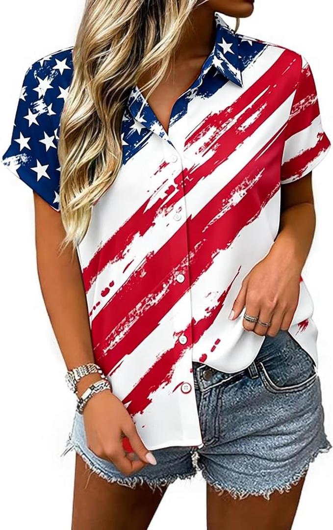 Women's Vintage American Flag Button Down Shirt 4th of July Stars and Stripes Graphic 250th Years Anniversary Patriotic Tops(XXL,Flag-1)