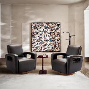COLAMY Swivel Accent Chair Set of 2, Faux Leather Armchair with Solid Wood Base, Square Back and Soft Cushions for Living Room, Bedroom, Home Office, Small Spaces, Lightbrown