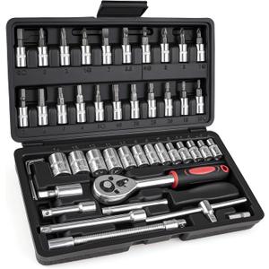 46PCS 1/4 Inches Ratchet Socket Wrench Set, Metric Socket Ratchet Wrenches Set, Ratcheting Wrench Tool Sets for Men, Premium Small Car Tool Kit for Automotive, Household Maintenance and Repairs