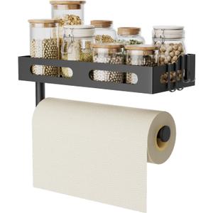 Paper Towel Holder Wall Mount for Kitchen, One-Handed Tear, Bathroom Paper Towel Holder with Shelf, RV Paper Towel Rack Wall Mount Paper Roll Holder with 4 Hooks, Matte Black