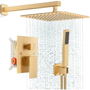 Gold Shower Faucet Set, Rainfall Shower System with Rain Shower Head and Handle Set, Wall Mounted Shower Fixtures, Full Metal Trim Repair Kit 12 inch Paint Gold (With Shower Valve)