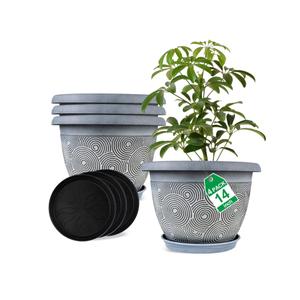 14 Inch Large Planter Pot for Plants Indoor Outdoor, 4 Pack Plastic Flower Pots with Drainage Hole & Tray, Modern Decorative Garden Pot with Saucer, Plant Container for House