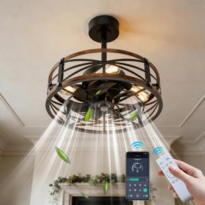 20" Caged Ceiling Fan with Light and Remote App Control, Rustic Round Downrod Mount Ceiling Fandelier Lights, 6 Speed and Reversible, Farmhouse Industrial Style for Bedroom, Kitchen