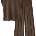 Ekouaer Lounge Sets for Women Two Piece Outfits Knit Cap Sleeve Tops Wide Leg Pleated Pants Casual Dressy Sweater Sets (X-Large, Dark Brown)