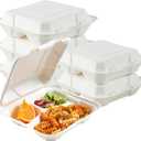 ECOLipak 50 Pack Clamshell Take Out Food Containers, 100% Compostable Disposable To Go Containers, 8X8 inch 3-Compartment Heavy-Duty To Go Boxes