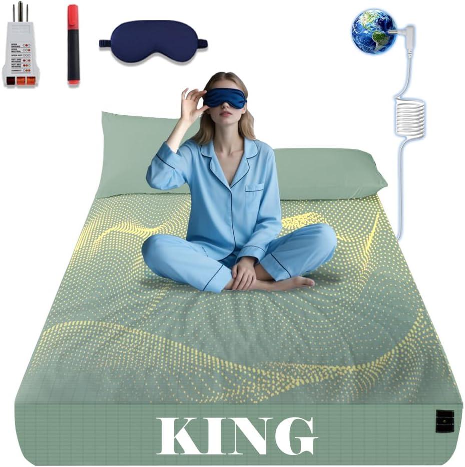 NAGS Grounding Sheets,Grounding Bedding Sheet, Soft Cotton with Pure Silver Fitted Grounded Sheet for Improved Sleep,Pain Relief (Green, King, 78 * 80 * 13.5inch)