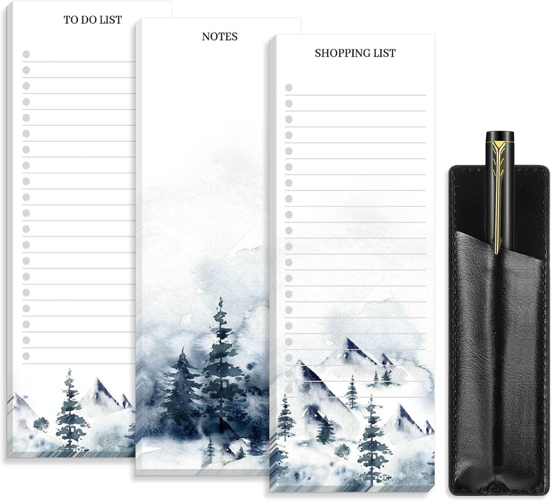 Epakh 3 Sets Grocery List Magnetic Notepad for Fridge with PU Leather Pen Holder Refrigerator Note Pad Magnet Shopping List Memo Notepads 3 x 7.9 Inch(Ink Painting)