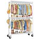 Sakugi Clothes Rack - Double Hanging Rod Clothing Rack with Wheels & Leveling Feet, Large Capacity Wardrobe Closet with Shelves for Bedroom, Laundry Room, Entryway, 45.2" x 12.6" x 80.7", White
