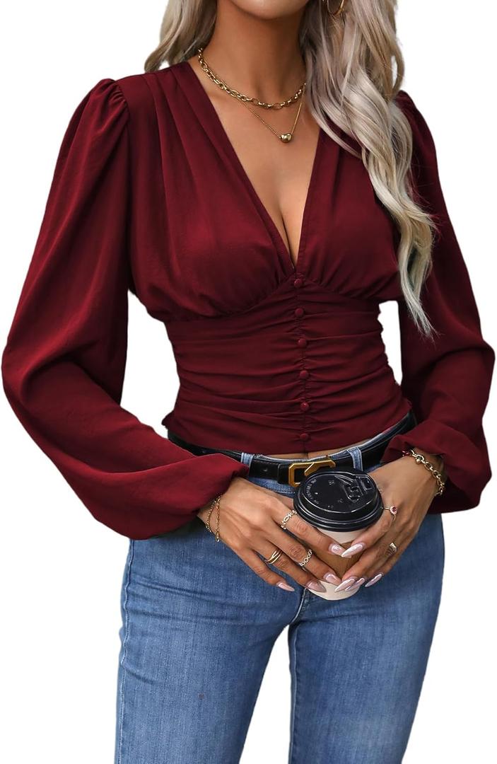 GORGLITTER Women's Ruched Deep V Neck Button Front Smock Lantern Sleeve Crop Top Blouses (Medium, Burgundy)
