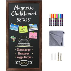 Large Magnetic Chalkboard for Wall, 58 x 25 Inch Solid Wood Framed Brown Magnetic Board, Wall Mounted Chalk Board for Kitchen, Restaurant, Food Truck and Calendar Board