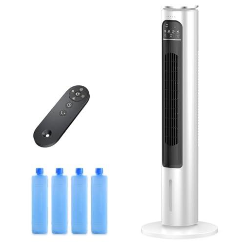 BIESQYA Windowless Portable Air Conditioner Ac Unit with Remote,37” Ventless Evaporative Air Cooler,Quiet Swamp Cooler for 4 Modes, Ductless Tower Fan For 12H Timer, Ice Packs for home White