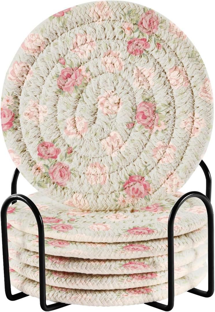 Shabby Chic Rose 6 Pcs Coasters with Holder for Table Home Decor Bar Housewarming Gift