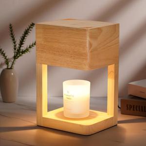 Candle Warmer Lamp Wood with Timer, Dimmable Electric Candle Lamp Warmer for Jar Candles, 2 * 35 Watt Bulb, Birthday Gifts for Women Mom, Decorative Wooden Candle Lamp for Bedroom Home Decor (Light Yellow)