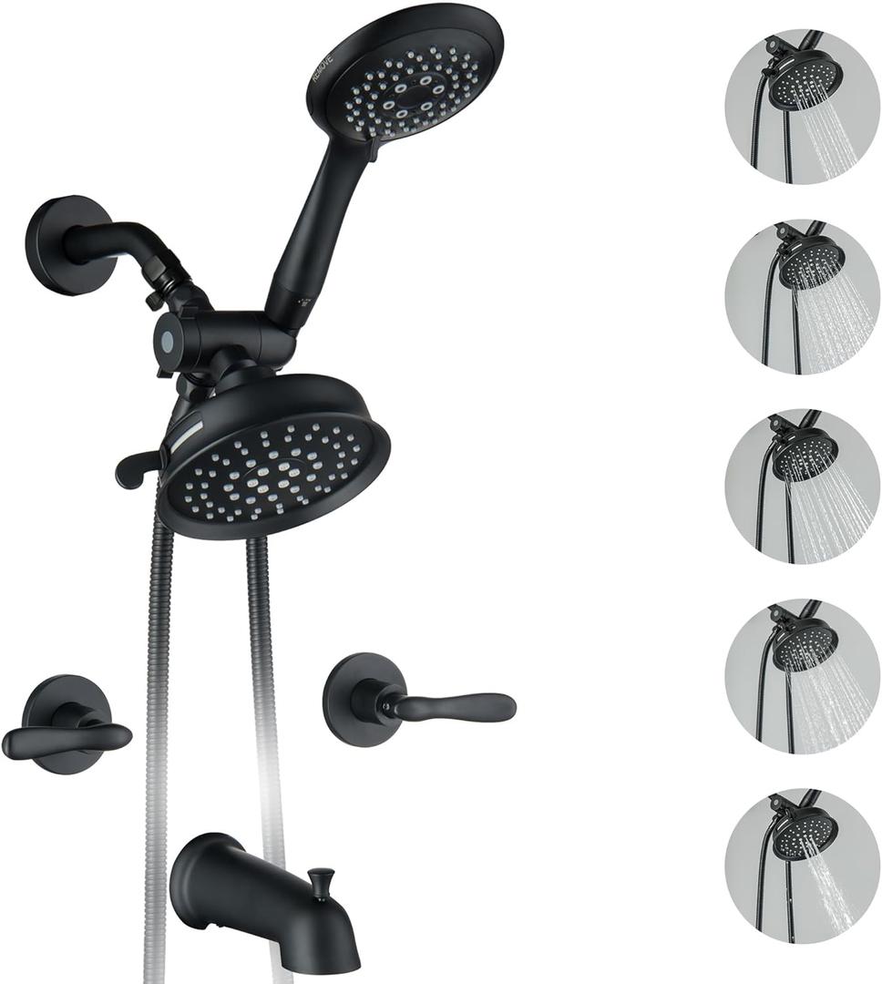 2 Handle Shower Faucet Set with Tub Spout Shower Faucets Sets Complete Two Handle, Matte Black 2 Handle Tub Shower Faucet Sets