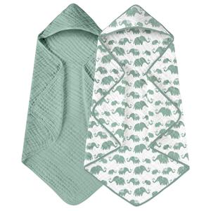 Yoofoss Hooded Baby Towels for Newborn 2 Pack 100% Muslin Organic Cotton Baby Bath Towel with Hood for Babies, Infant, Toddler and Kids, 32x32Inch, Soft and Absorbent Newborn Essential, Green Elephant