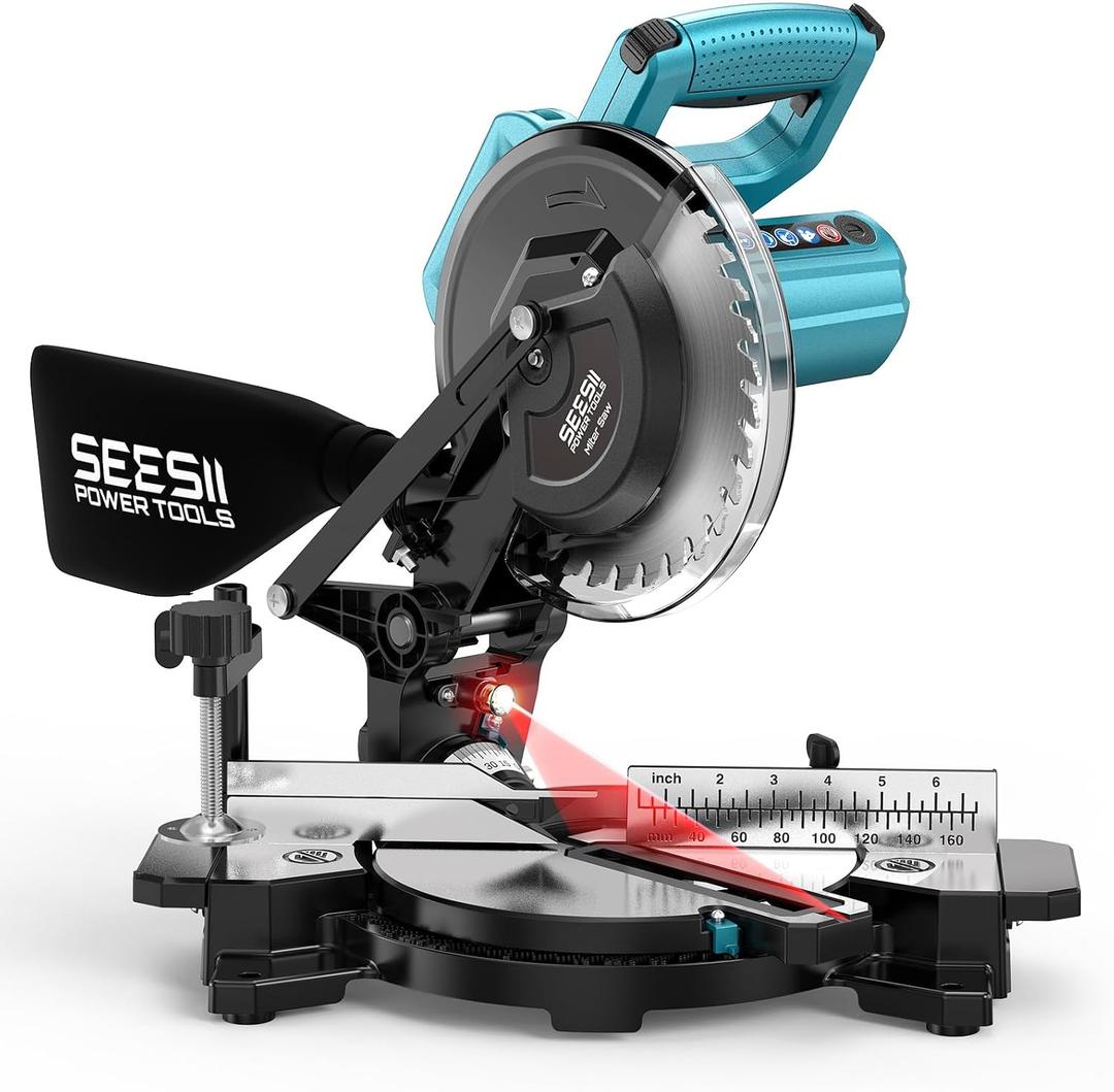 SEESII Power Compound Miter Saw: 8-inch Compact Miter Saw with Speed 4900RPM - Laser Guide - Precision Miter Angles - Lightweight Design - Single Bevel 0-45 for Carpenter Woodworking Project DIY