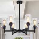 Black Chandeliers, 6 Light Dining Room Light Fixtures Over Table, Farmhouse Chandeliers for Dining Room with Clear Glass Shade for Kitchen Island Living Room Bedroom Bathroom, Height Adjustable (Large)